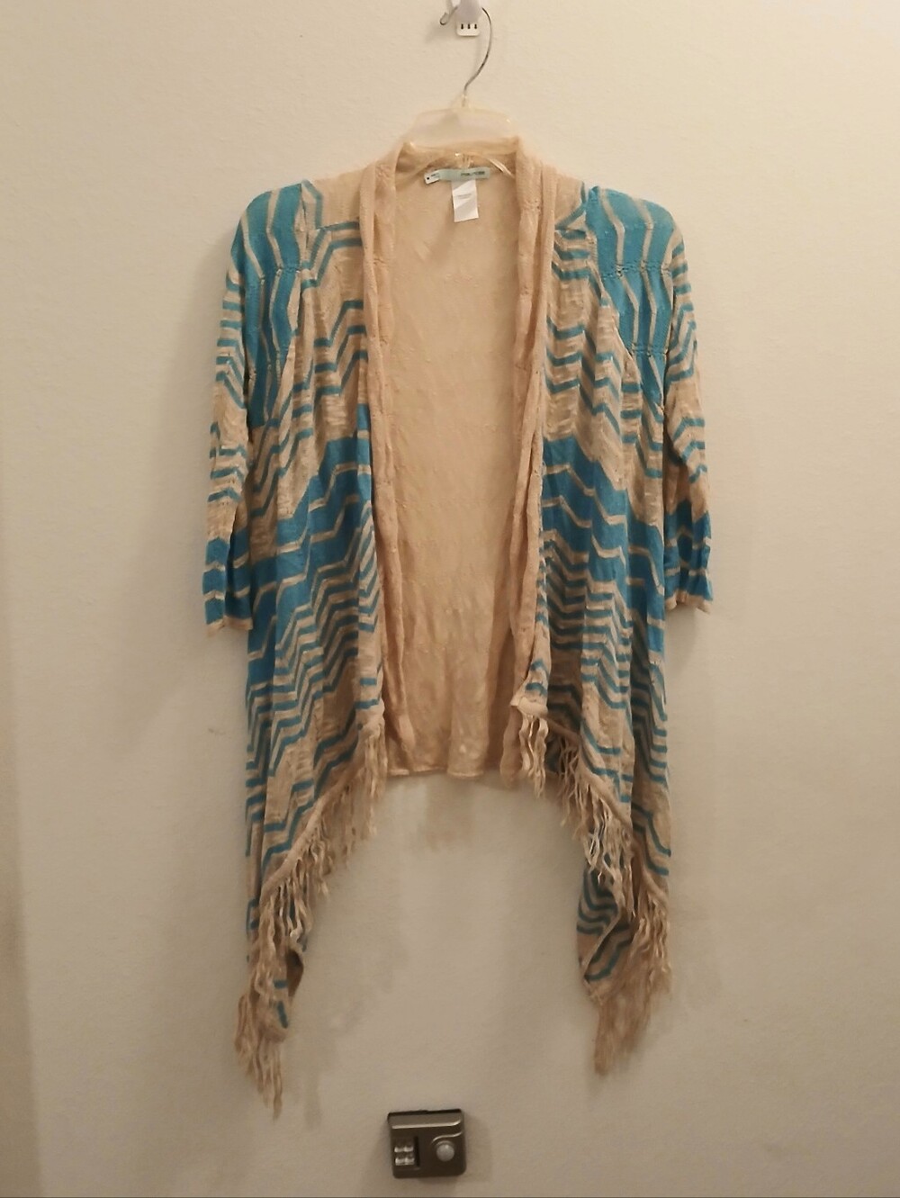 Maurices Boho Fringe Beige And Turquoise Chevron Open Front  Cardigan Size M